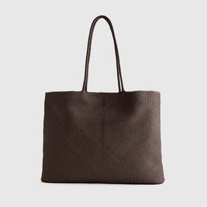 Quince Italian Leather Handwoven Tote Dark Brown Small